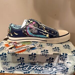 Ed Hardy Men’s Lowrise Sneakers Navy Graphic Skull Design Size 11 NEW